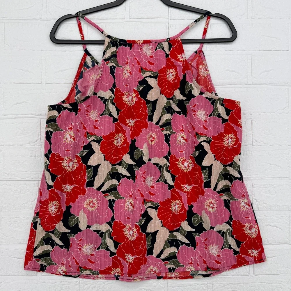 LOFT Outlet Floral Women LP Petite Pink Red Poppy Sleeveless Blouse V-Neck